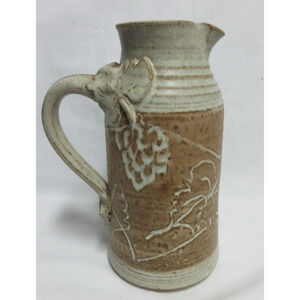Artisan Pottery Stoneware 3D Pitcher 2 Tone Tan Browns Grapes Marked HB 8"x5"